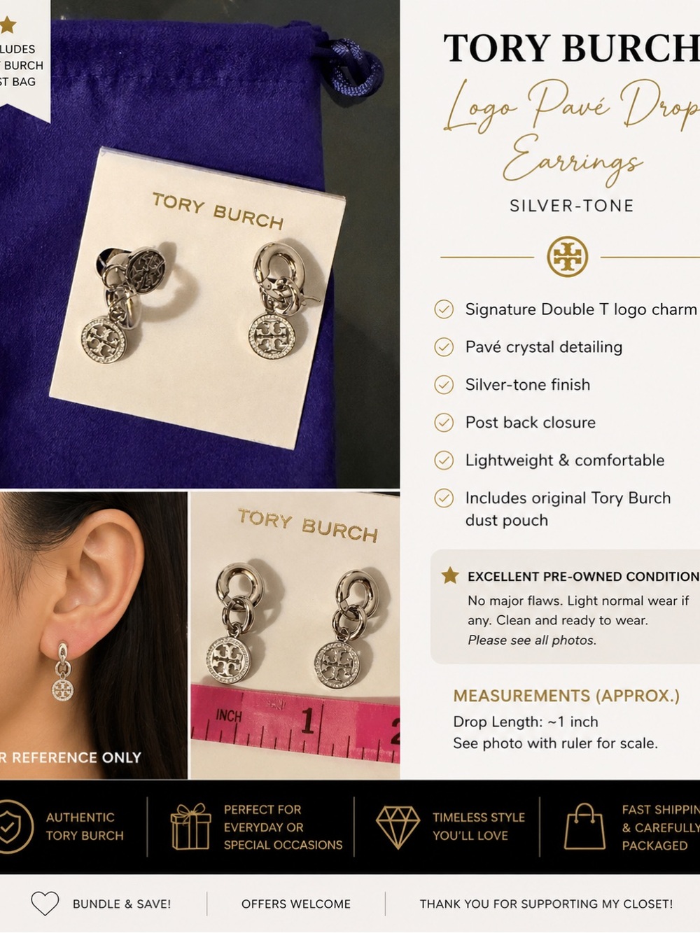 Tory Burch Silver Logo Pavé Drop Earrings w/ Dust Bag